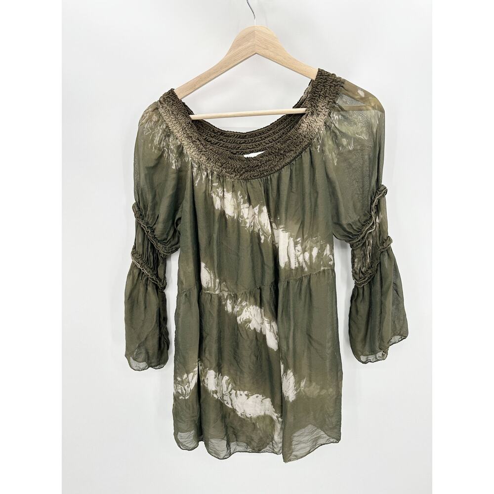 Belle France Top Women SMALL Green Tie Dye Long Sleeve 100% Silk Blouse